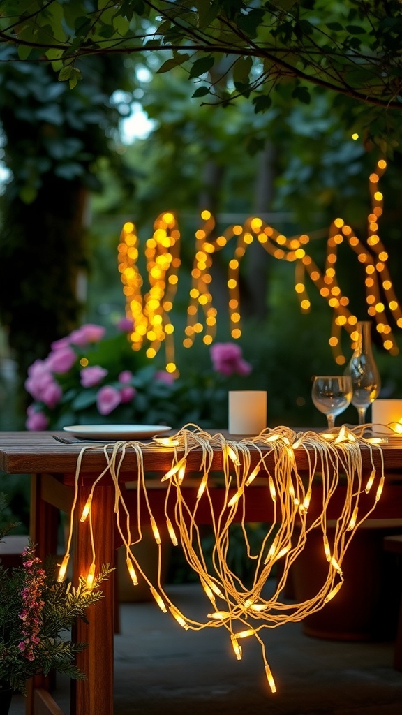 Rice lights elegantly draped over a table with greenery and flowers, creating a warm ambiance.